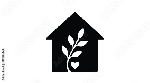 Simple house shape with a plant and heart a dark silhouette