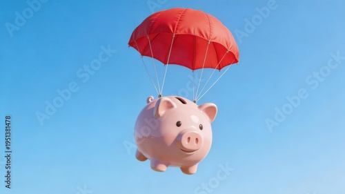 Piggy Bank Flying with Red Parachute Against Blue Sky