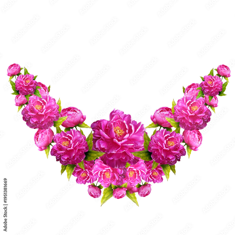 Obraz premium Hand drawn pink peony floral semicircle frame on transparent background