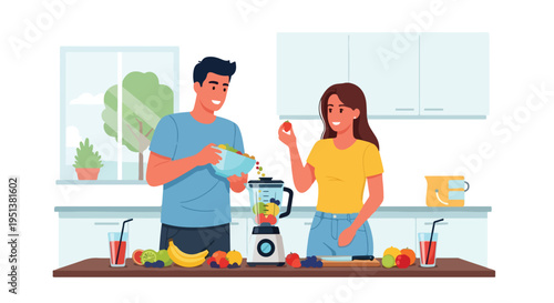 Couple prepares healthy smoothie with blender and fresh fruits in bright kitchen