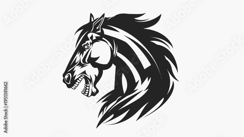 Stylized black and white horse head illustration for design or symbolism