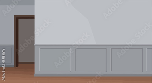 Interior scene depicting a doorway and paneled walls with a wooden floor