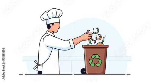 Chef discards vegetable scraps into a recycling bin with a green recycling symbol