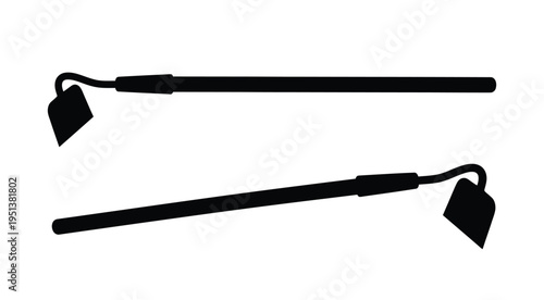 Two gardening hoes displayed horizontally a striking black silhouette