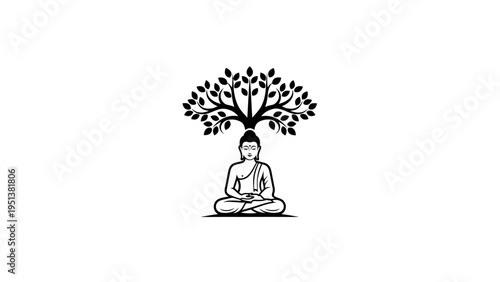 Meditating buddha under tree symbol vector illustration isolated on white