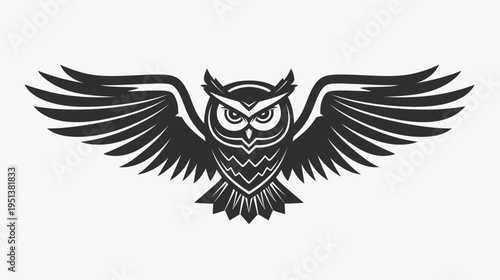 Stylized illustration of an owl with wings spread wide in flight