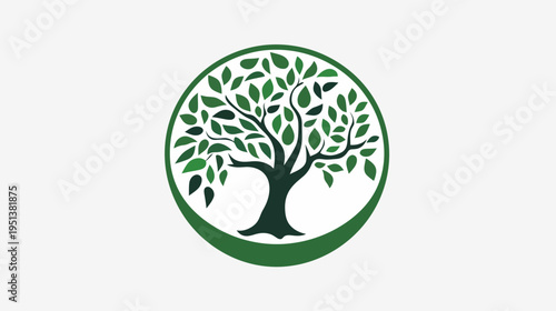 Green tree emblem within a circle representing nature and growth on white