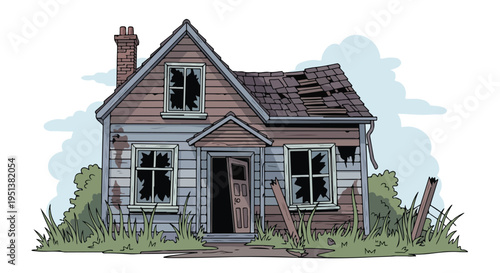 An illustration of a dilapidated house with broken windows and a damaged roof