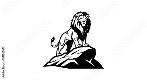 Majestic lion silhouette perched atop stone black and white vector illustration