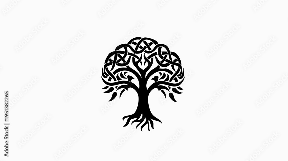 Fototapeta premium Intricate celtic tree of life symbol black silhouette on white background