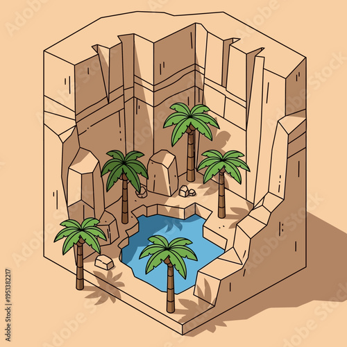 Isometric illustration of a desert oasis with palm trees and a water source.