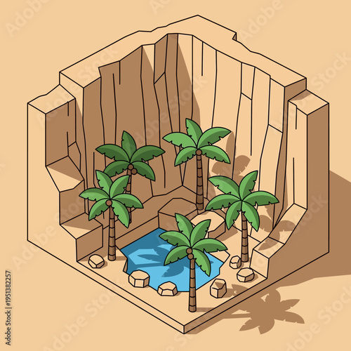 Isometric illustration of a desert oasis with palm trees and a water pool.