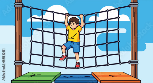 A boy struggles to climb a rope net obstacle course with colorful mats below
