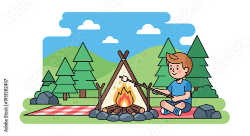 A boy roasts a marshmallow over a campfire while camping in the woods