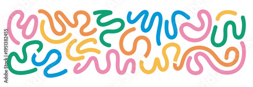 Abstract organic color line shapes, vector squiggle pattern design, fun kid graphics background, wavy party color lines, isolated vector illustration