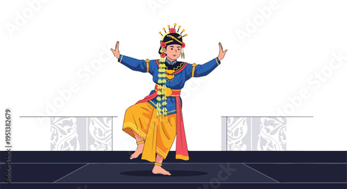 A gracefully posed dancer in traditional attire on a dark stage