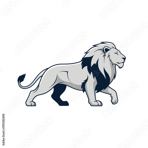 Grey stylized lion walking, with dark mane and tail tuft