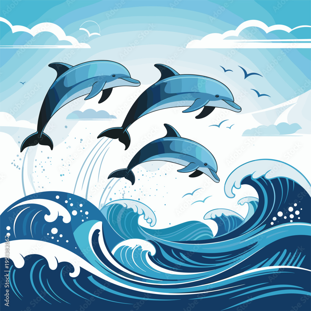 Obraz premium Three Dolphins Jumping Over Ocean Waves with Birds and Clouds Stylized Illustration