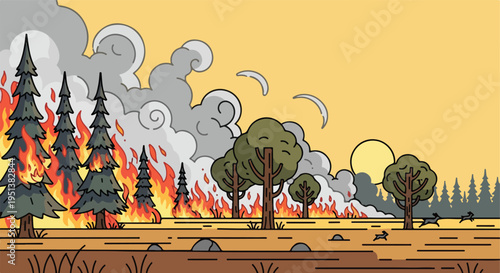 A forest fire rages under a hazy yellow sky, with animals fleeing