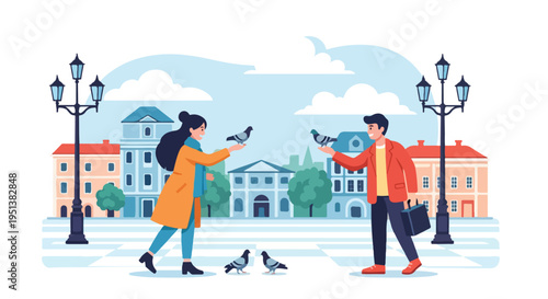 Couple interacting with pigeons on a city street with buildings and lampposts