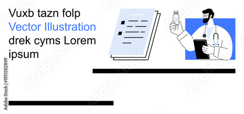Medical services, healthcare, pharmaceuticals, documentation, diagnostics, patient records. A doctor holding a medicine bottle with a clipboard and a healthcare chart. Medical services and healthcare
