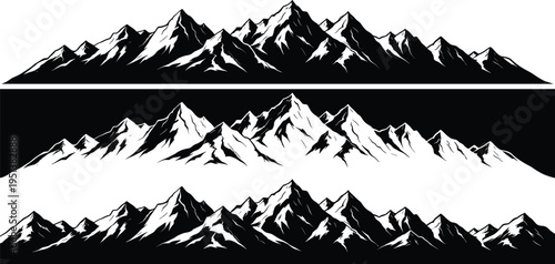 Mountain range silhouette collection, panoramic snowy peak landscape vector set, outdoor adventure nature climbing travel icons, cad drawing flat vector illustration.
