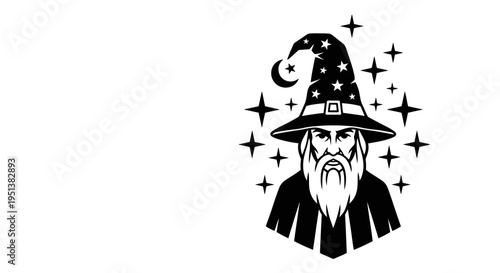 Wise wizard illustration with stars and crescent moon isolated on white