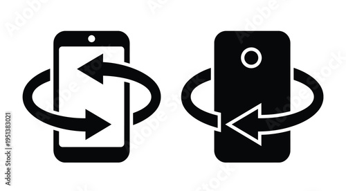 Two smartphone icons depicting rotation with arrows in black silhouette