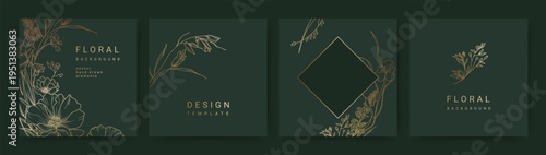 Elegant luxury green background with hand drawn golden line art floral pattern. Floral frame. Vector templates for wedding invitation, greeting card, packaging, branding, design, social media