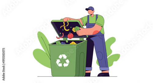Person with cap and overalls discards vegetables into green recycling bin