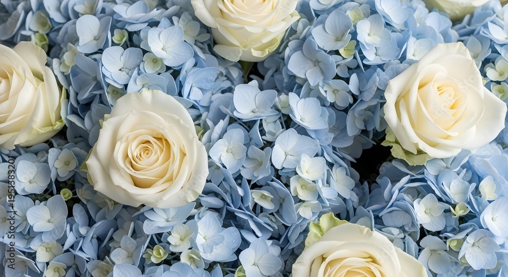Obraz premium Beautiful bouquet of white roses and blue hydrangeas in full bloom