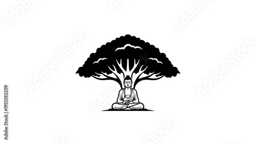 Meditating buddha under a tree illustration enlightenment and peace concept
