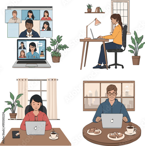 I Need A Kinds of Different vector Art with a white background Pictures of working from home, video conferencing, or sitting in a cafe with a laptop. Imagesu.eps