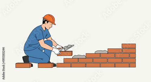 A construction worker is laying bricks to build a wall