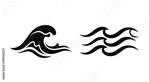 Two stylized wave designs depicted in a stark black silhouette