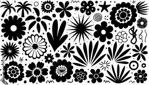 Vibrant Black floral pattern with white flowers and foliage