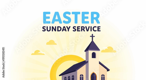 Easter sunday church service illustration with colorful sunrise background and cross