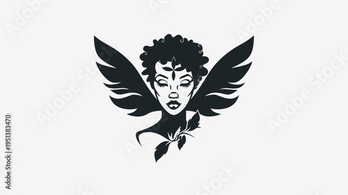 Elegant black and white illustration of a woman with angel wings