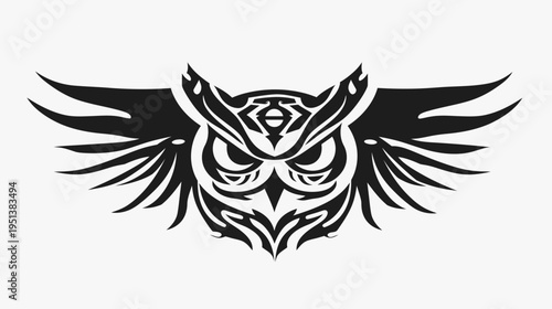 Intricate black owl graphic with spread wings against white background