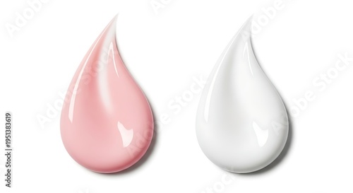 Two droplets of pink and white cosmetic cream on white background