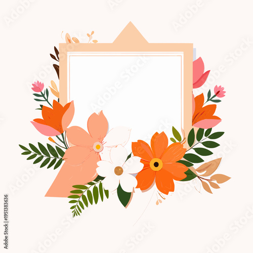 Blank Geometric Frame with Orange and Peach Flowers and Green Leaves Illustration