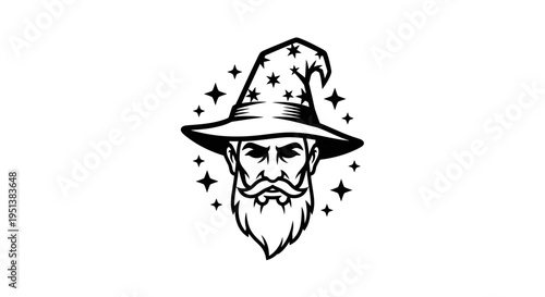Wise wizard in starry hat silhouette illustration design for magic concept