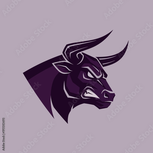 Furious bull head profile, dark purple with white outlines, on pale purple background
