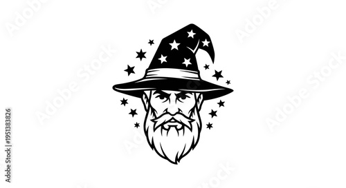 Black and white wizard illustration with stars for creative design