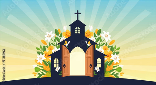 Vibrant church with floral decorations and sunburst background symbolizing joy and serenity in a religious setting