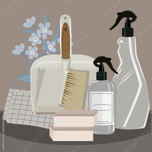 A stylish, flat-style illustration depicting a collection of household cleaning supplies arranged in an aesthetically pleasing composition. The scene includes a white dustpan with a wooden handle pair
