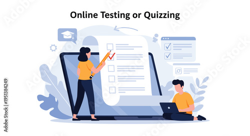 Students participating in an online testing and quizzing session on a laptop while checking off items on a digital list.