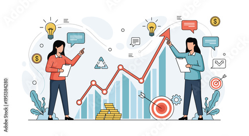Pair of professional women analyze a large rising growth chart with financial icons and target symbols to reach success.