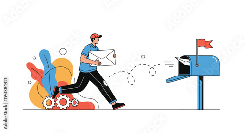 Fast delivery man runs to place a mail envelope into a blue mailbox with gears and colorful abstract shapes behind him.