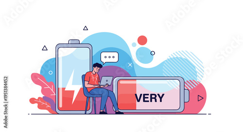 Man sits between a full battery and a low battery while working on a laptop reflecting energy management and lifestyle.